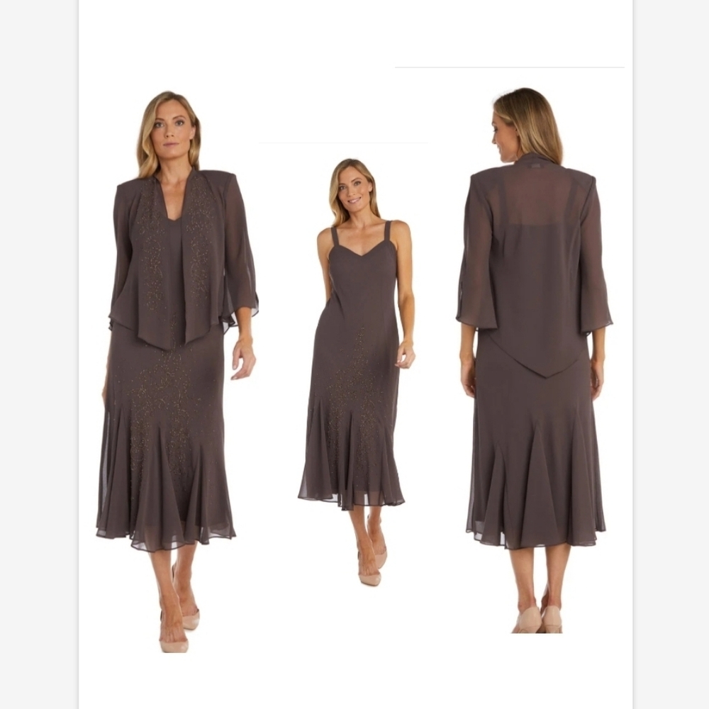 NWT R&M Richards 2 Piece Sleeveless Beaded V-Neck Dress and Jacket SZ 6